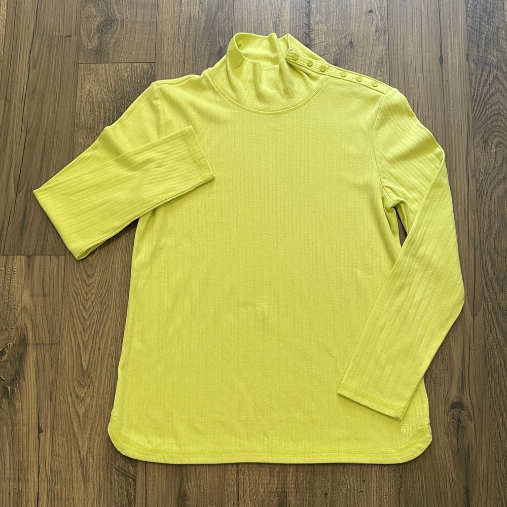 T by Talbots Lime Green Ribbed Mock Neck Top Long Sleeve Shoulder Button LP
